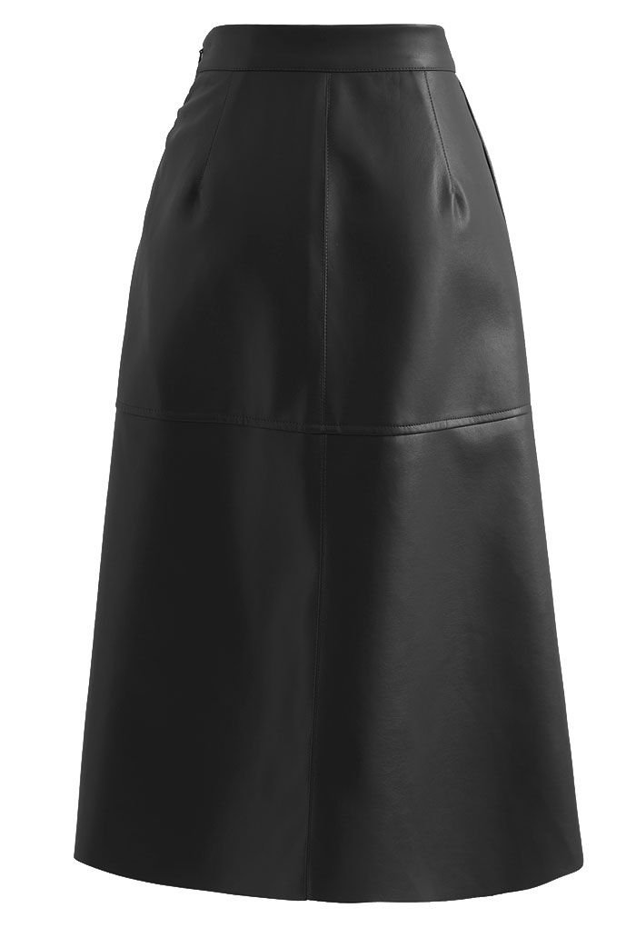 Raw-Cut Hem Faux Leather Pencil Skirt in Black