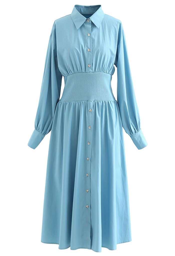 Button Down Cotton Shirt Dress in Blue