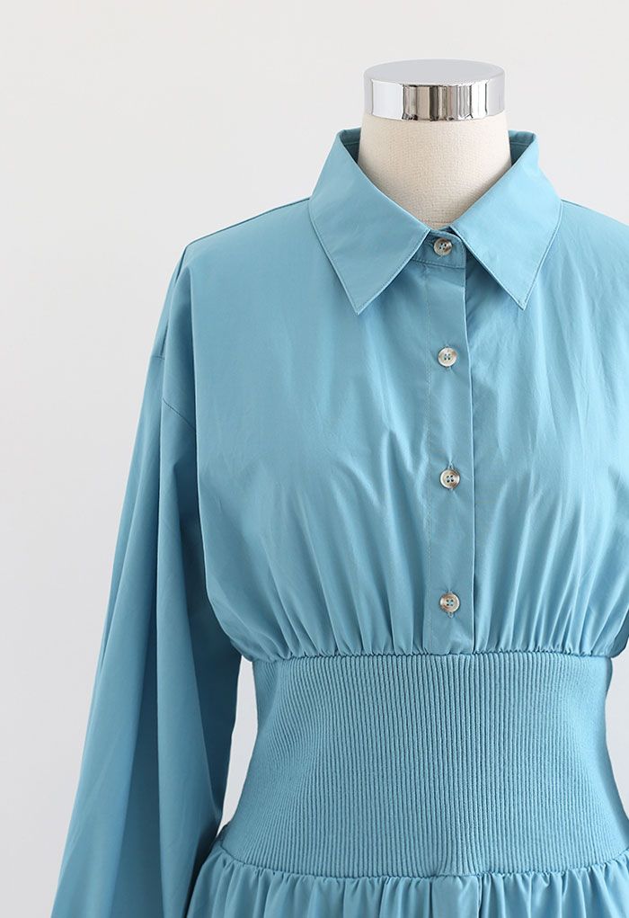 Button Down Cotton Shirt Dress in Blue