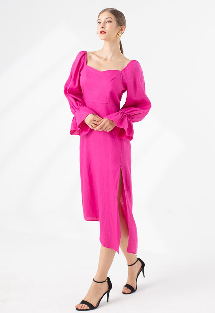Sweetheart Neck Asymmetric Split Dress in Hot Pink