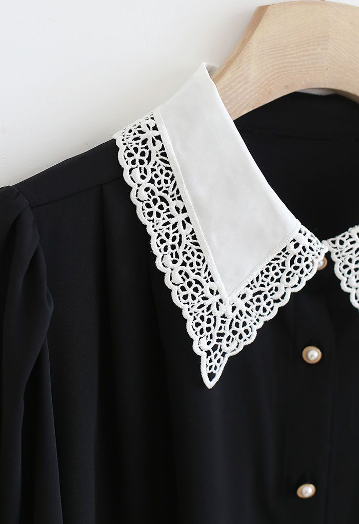 Lacey Collar Button Down Sleek Shirt in Black