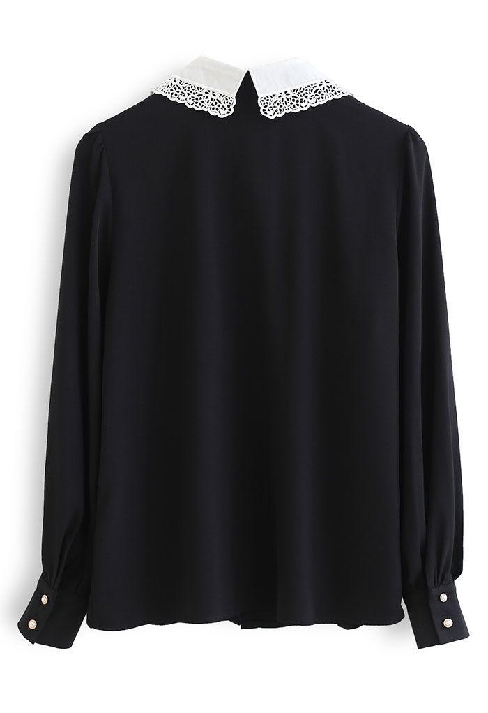 Lacey Collar Button Down Sleek Shirt in Black