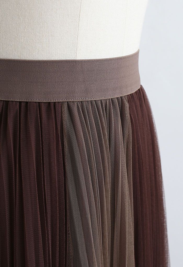 Brown Double Layered Pleated Tulle Mesh Skirt