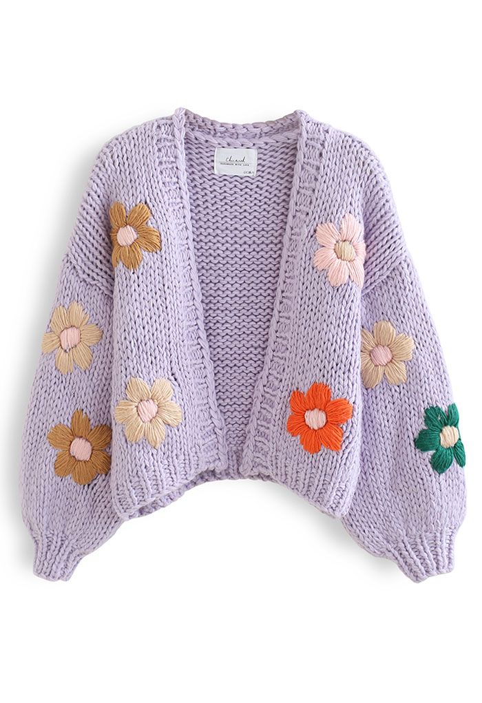 Stitch Flowers Hand-Knit Chunky Cardigan in Lilac