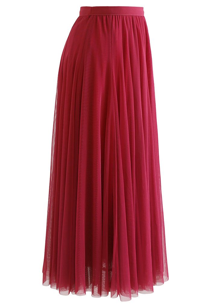薄紗疊層中長裙-紅色