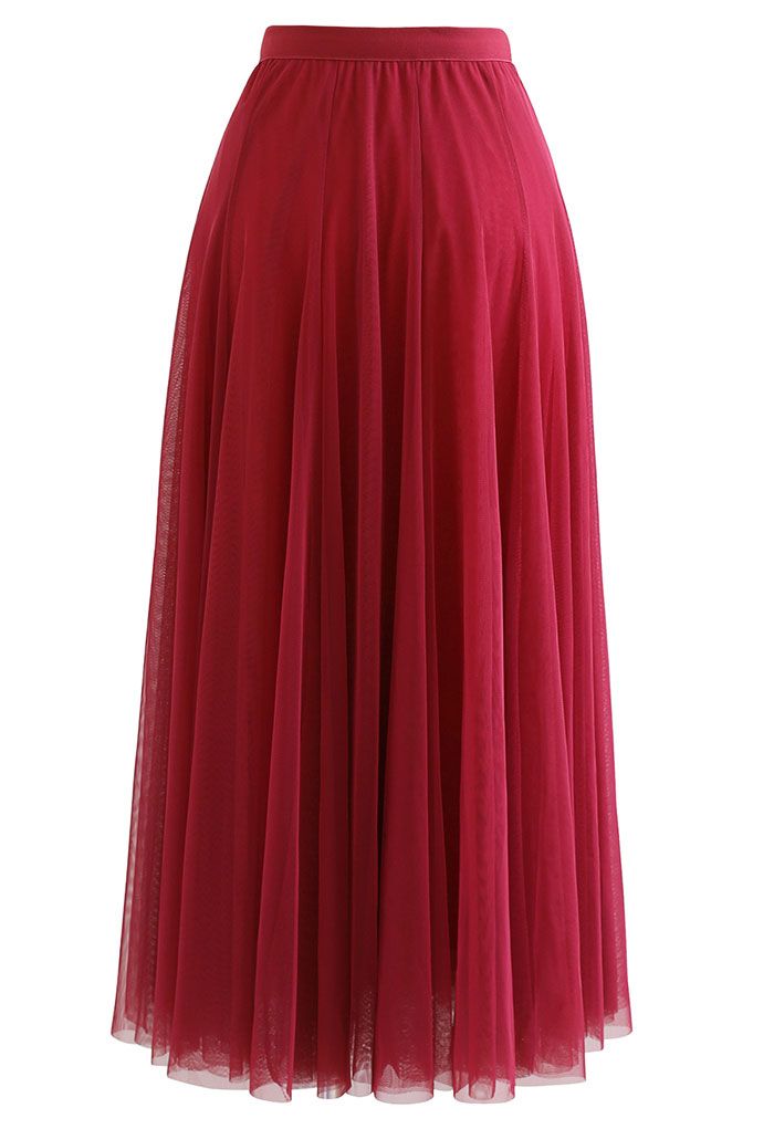 薄紗疊層中長裙-紅色