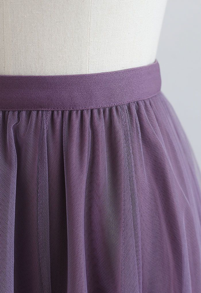薄紗曡層中長裙-紫色