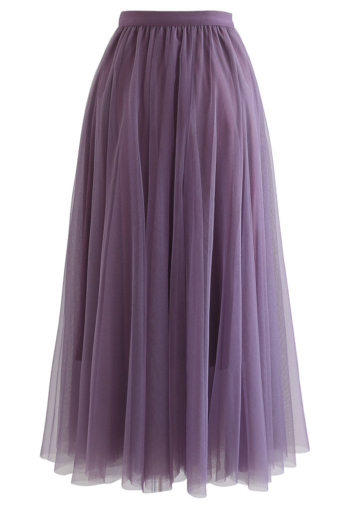 薄紗曡層中長裙-紫色