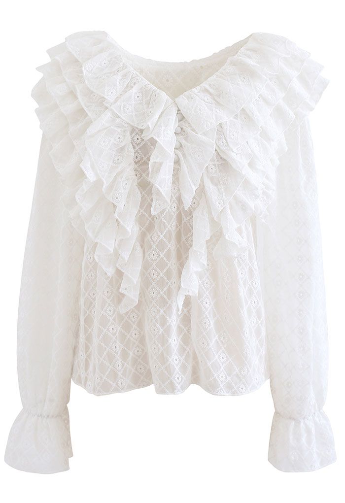 Tiered Ruffle Neck Embroidered Chiffon Top in White