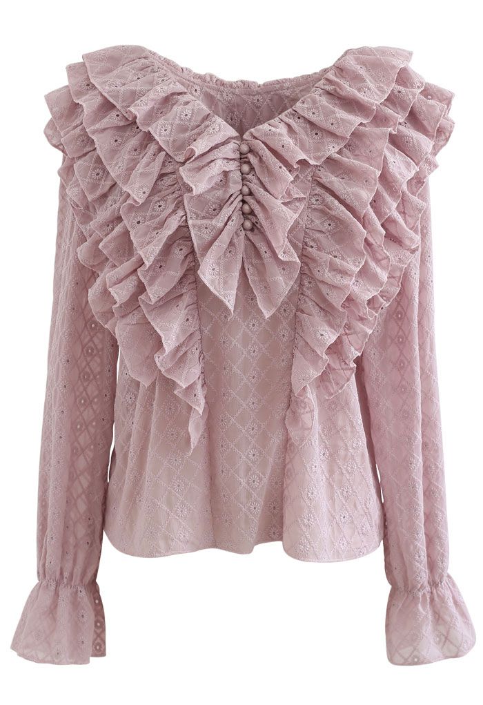 Tiered Ruffle Neck Embroidered Chiffon Top in Pink