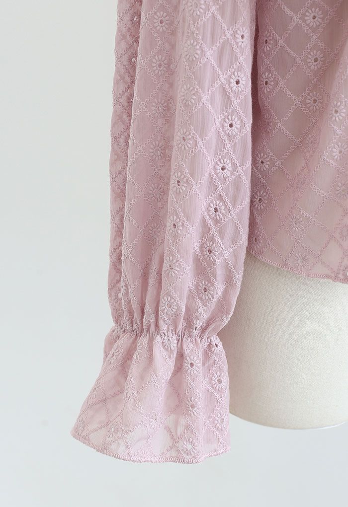 Tiered Ruffle Neck Embroidered Chiffon Top in Pink