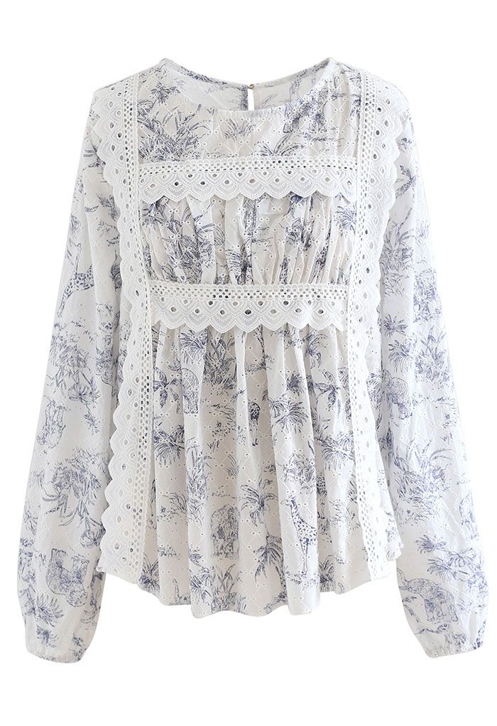 Scenery Printed Embroidered Smock Top