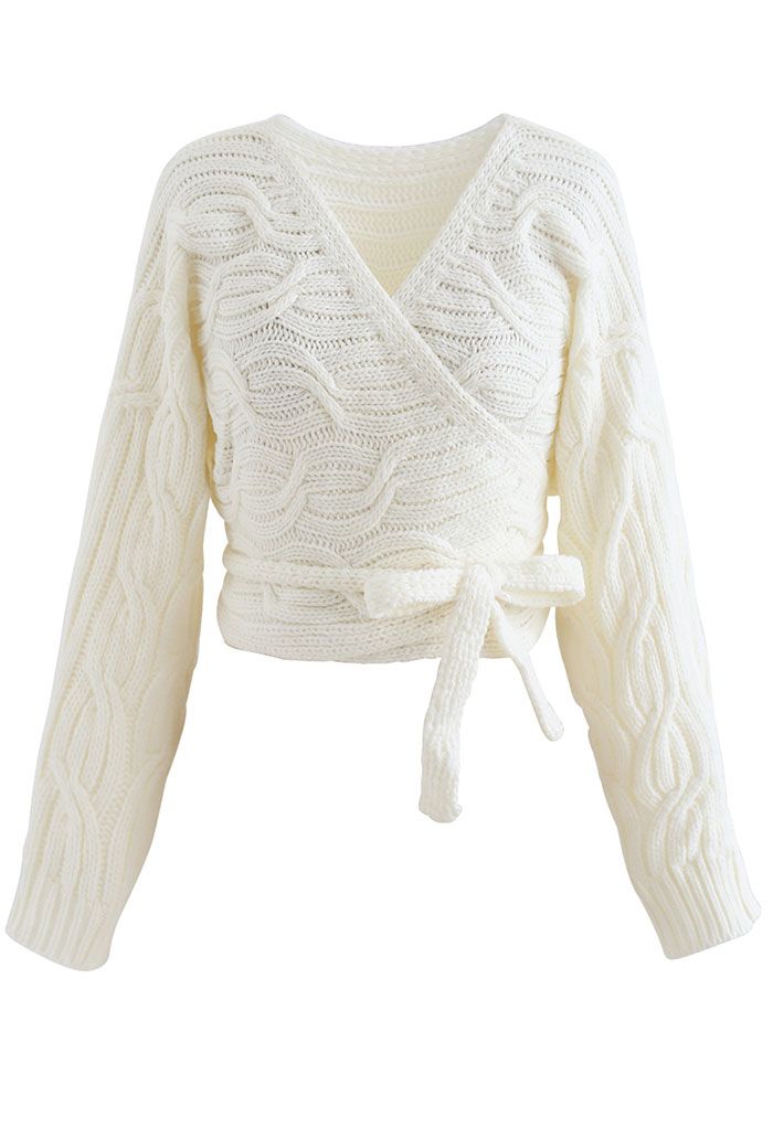 Wrap Front Braid Knit Crop Sweater in White