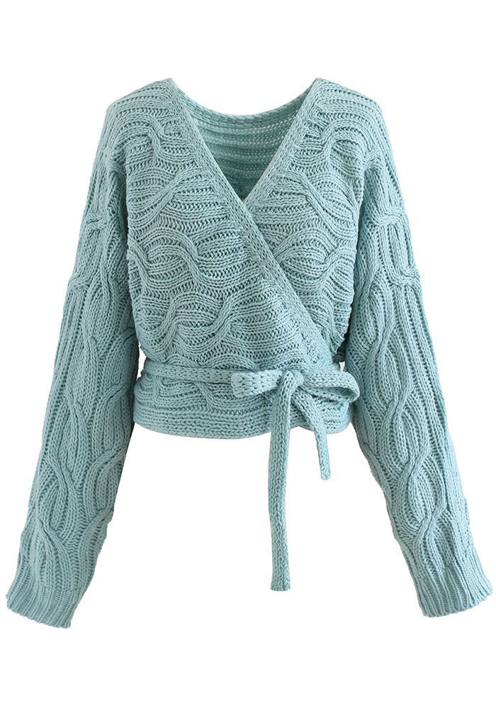 Wrap Front Braid Knit Crop Sweater in Turquoise