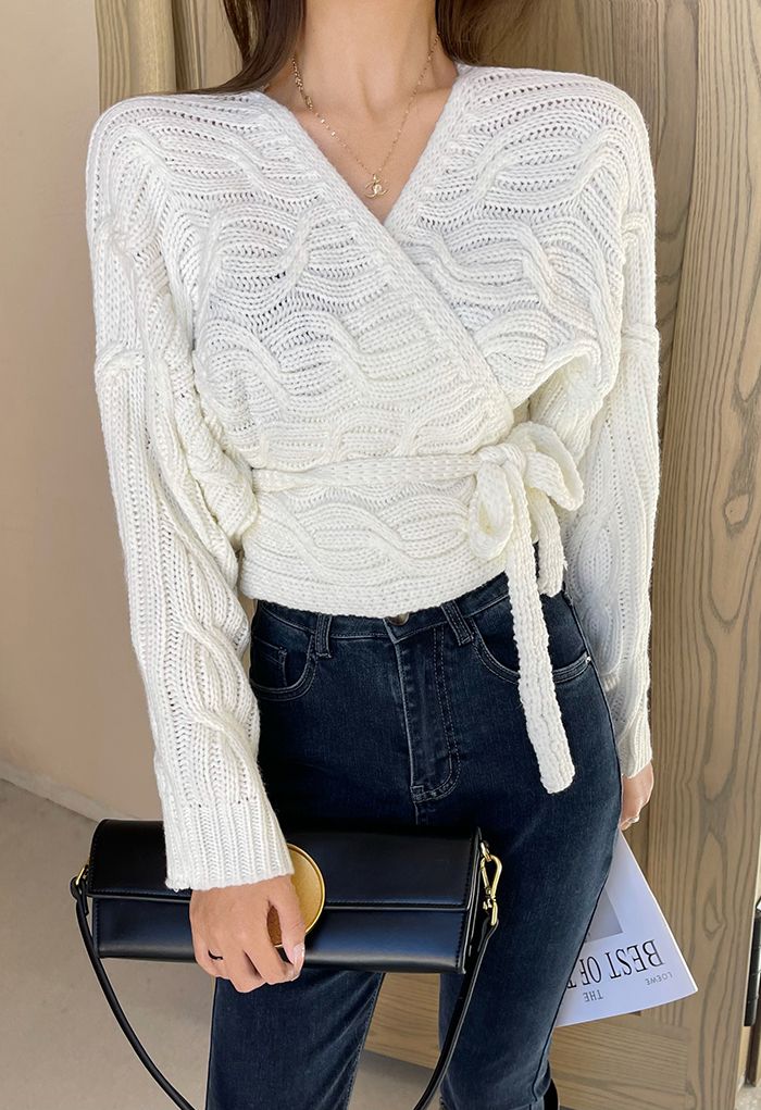 Wrap Front Braid Knit Crop Sweater in White