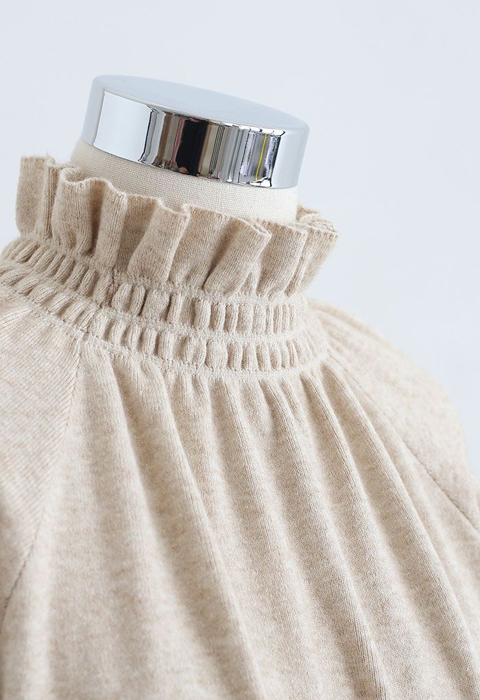 High Neck Ruffle Crop Knit Sweater in Camel