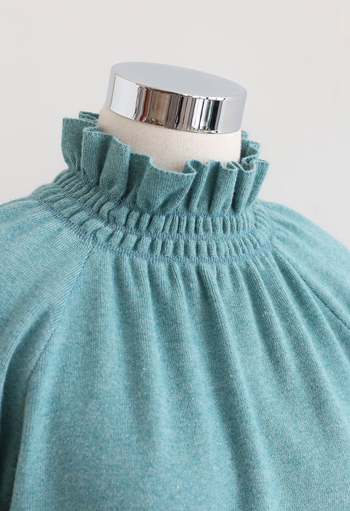 High Neck Ruffle Crop Knit Sweater in Teal