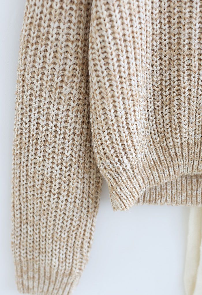 Self-Tie Open Back Rib Knit Sweater