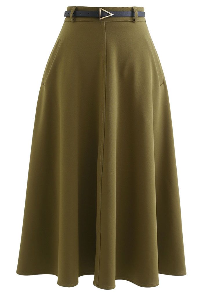 Slanted Side Pocket Belted A-Line Midi Skirt in Khaki