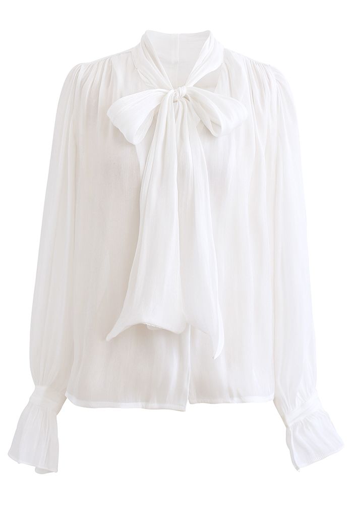 Glossy Tie Neck Button Down Shirt in White