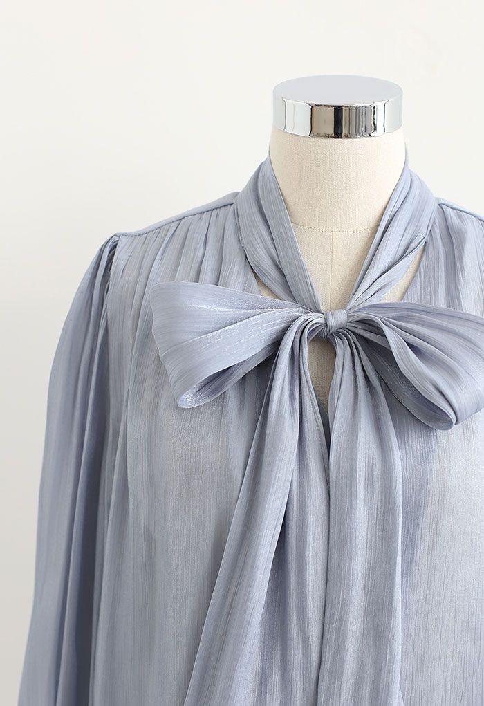 Glossy Tie Neck Button Down Shirt in Blue
