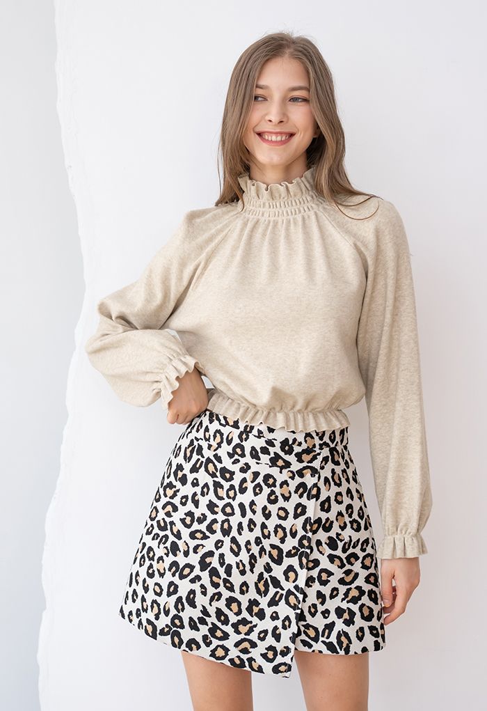 High Neck Ruffle Crop Knit Sweater in Camel