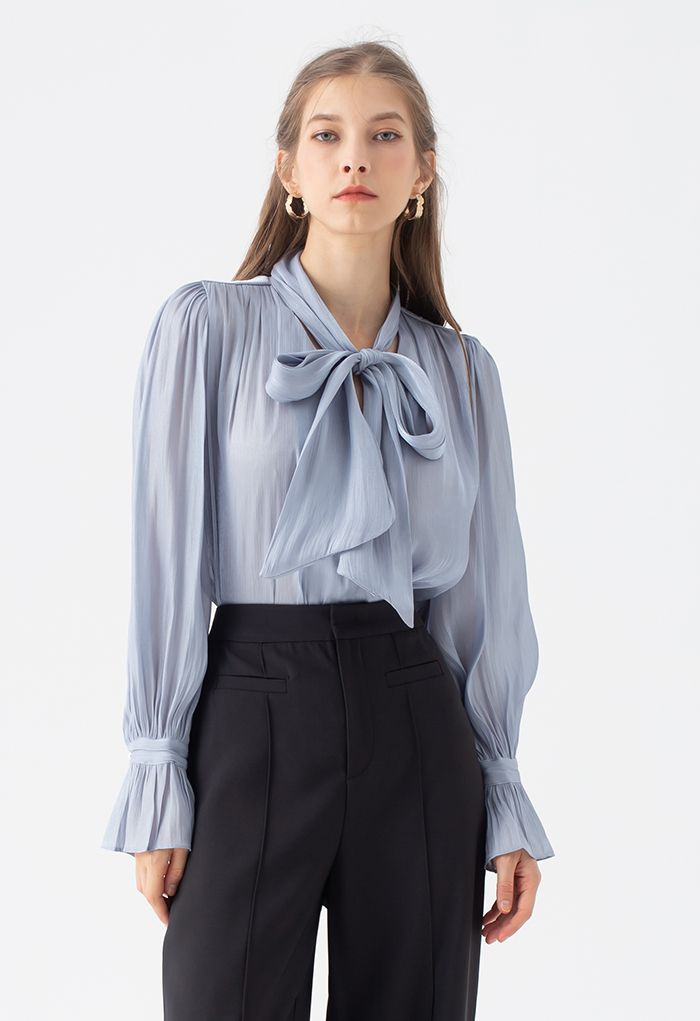 Glossy Tie Neck Button Down Shirt in Blue