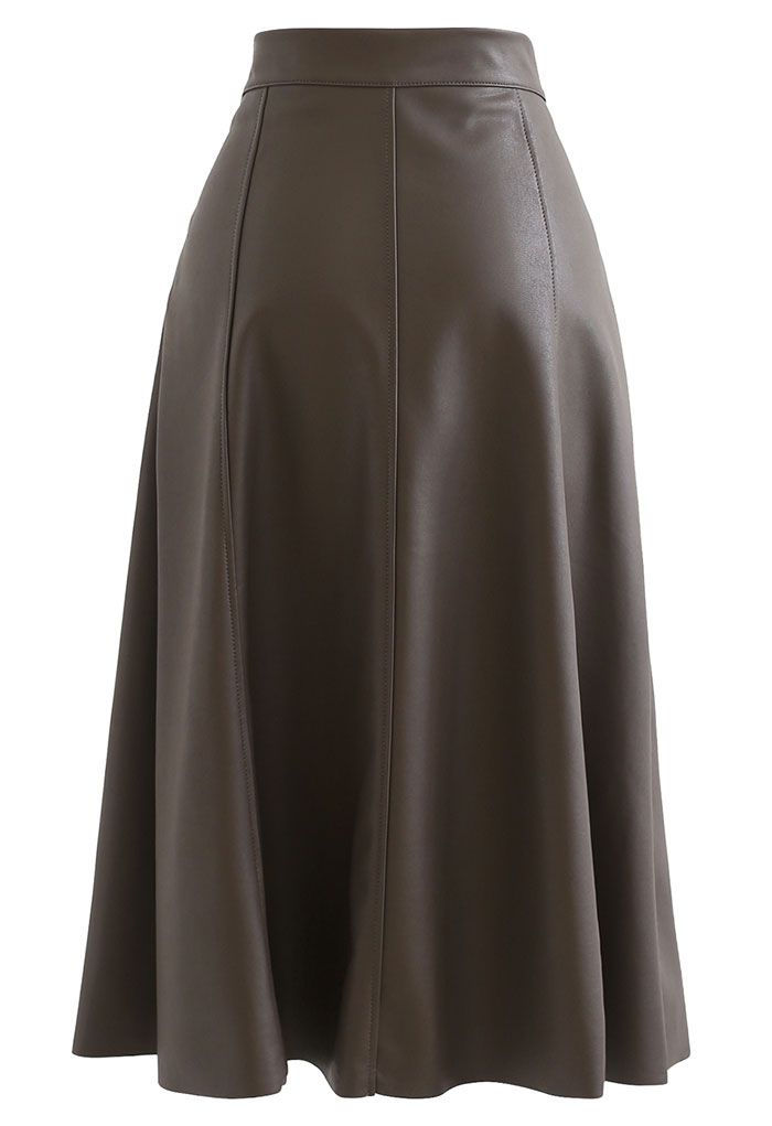 Soft Faux Leather Seamed A-Line Skirt in Taupe