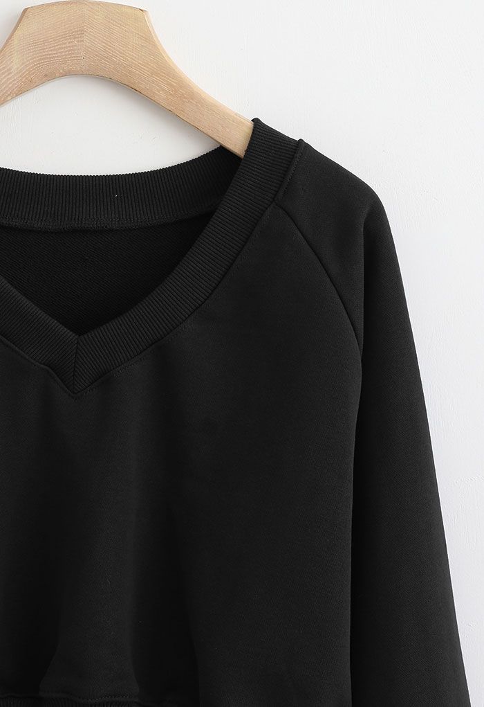 Cotton V-Neck Oversized Crop Sweatshirt in Black