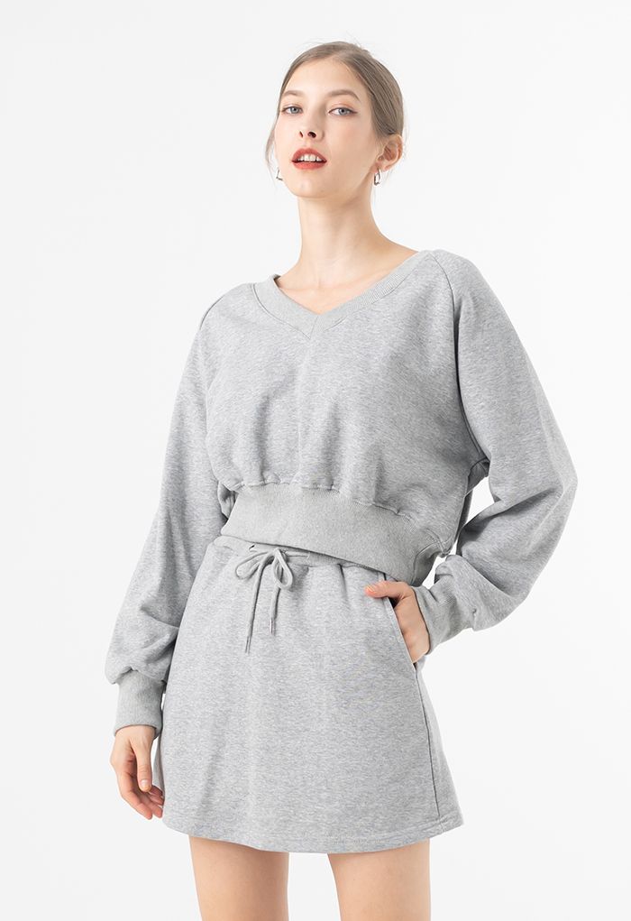Cotton V-Neck Oversized Crop Sweatshirt in Grey
