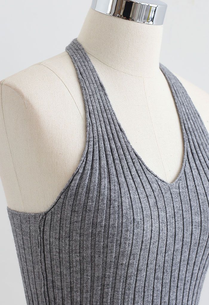 Halter Neck Crop Knit Top in Grey