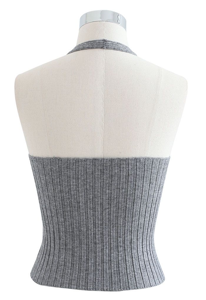 Halter Neck Crop Knit Top in Grey