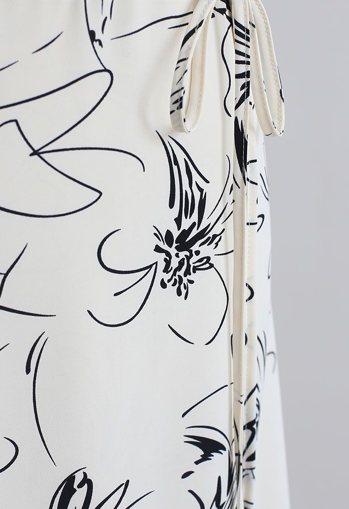 Flower Sketch Printed Self-Tie Midi Skirt in Cream