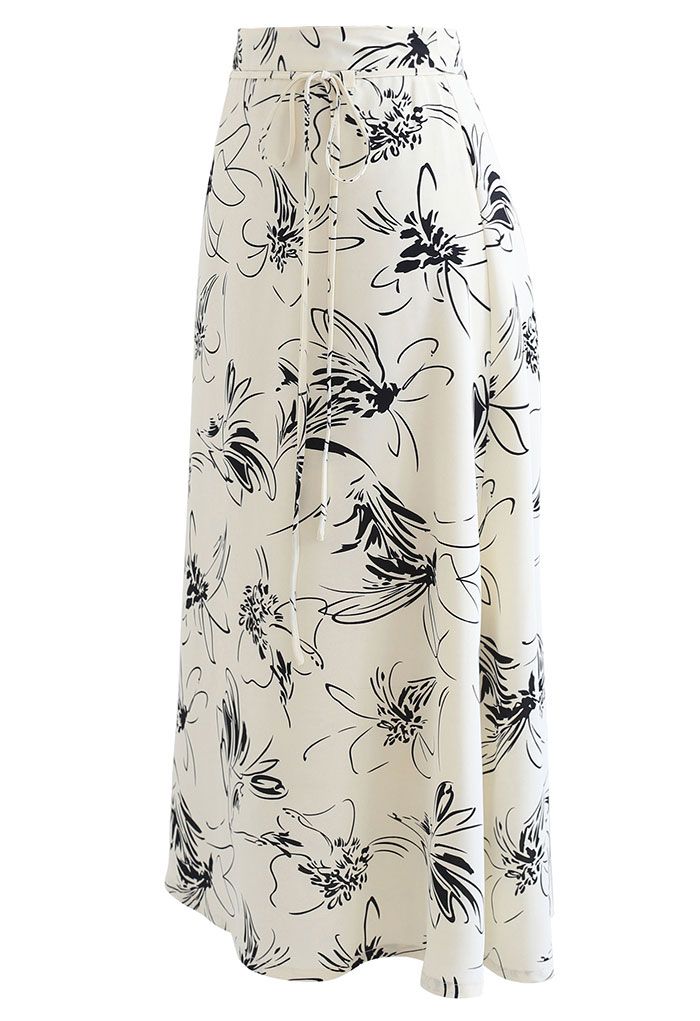 Flower Sketch Printed Self-Tie Midi Skirt in Cream