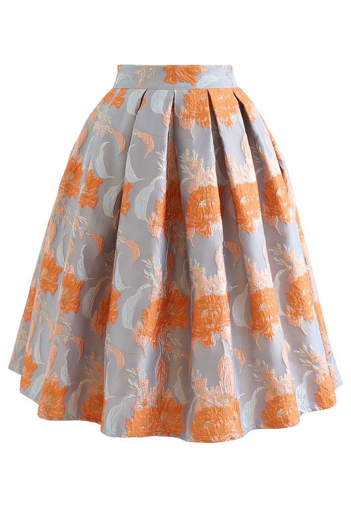 Orange Bouquet Jacquard Pleated Midi Skirt