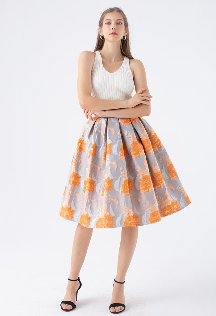 Orange Bouquet Jacquard Pleated Midi Skirt