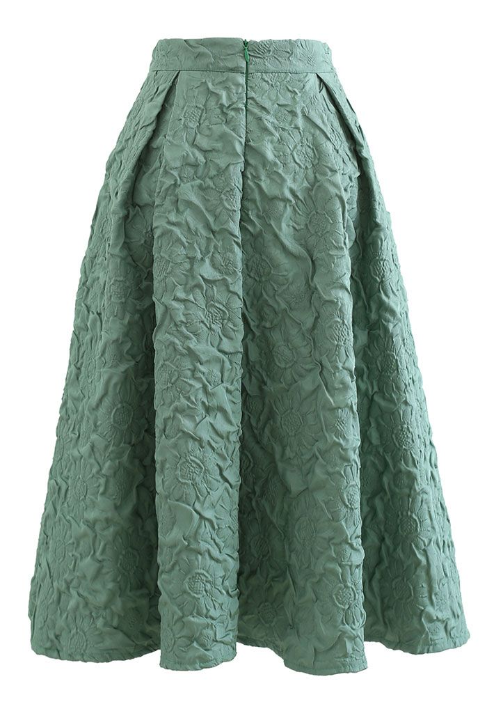 Sunflower Embossed Pleated Midi Skirt in Green