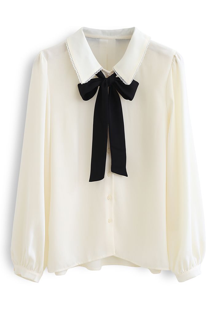 Pussy-Bow Lacey Neck Buttoned Shirt