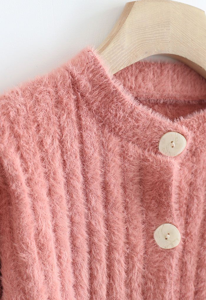 Button Down Cropped Fuzzy Knit Cardigan in Coral