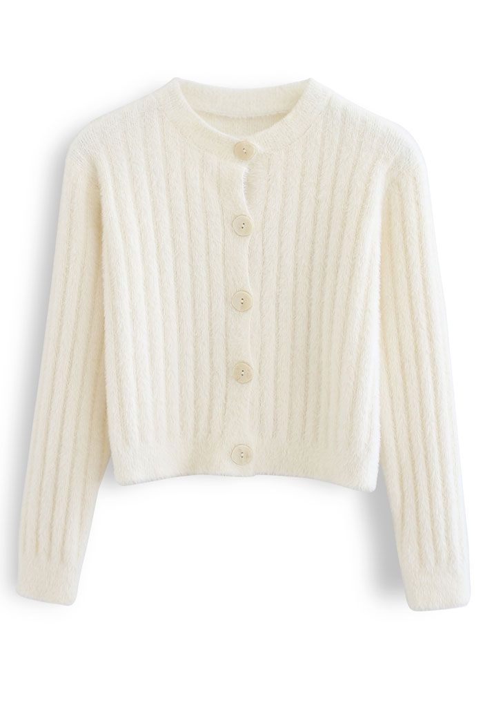 Button Down Cropped Fuzzy Knit Cardigan in Ivory