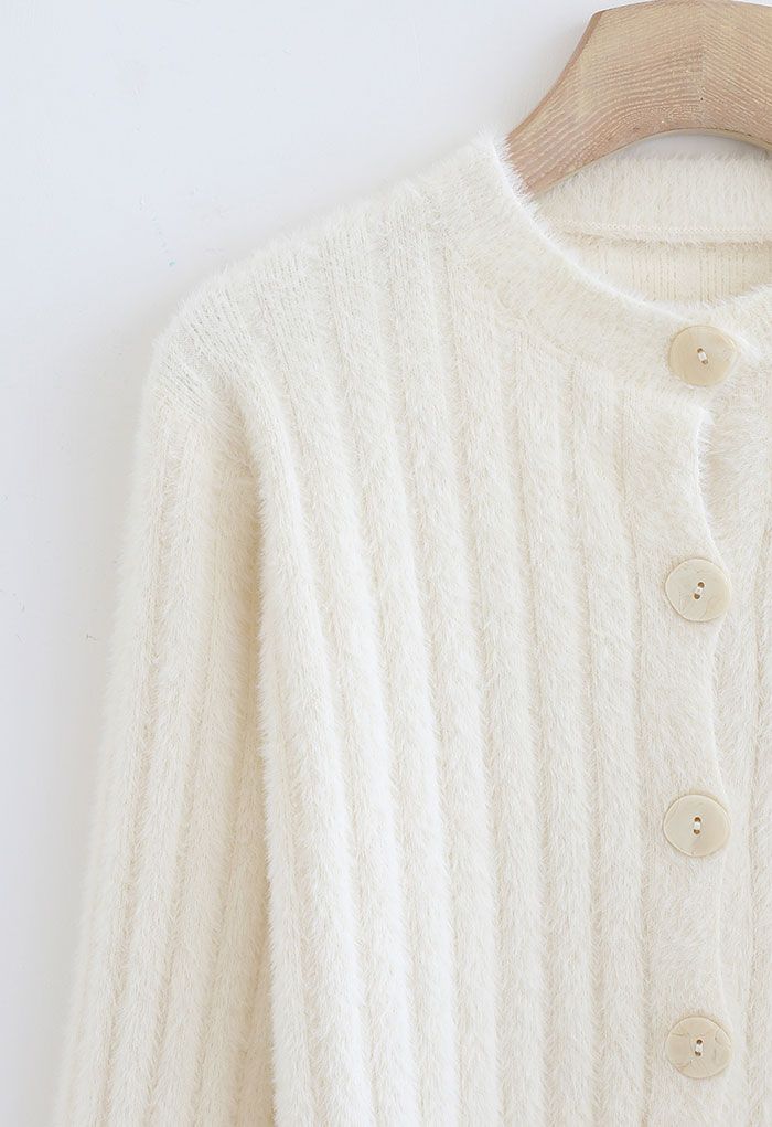 Button Down Cropped Fuzzy Knit Cardigan in Ivory