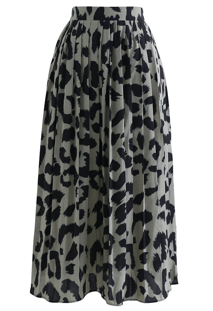Leopard Print Chiffon Pleated Midi Skirt in Sage