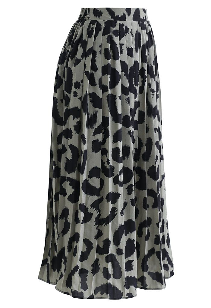 Leopard Print Chiffon Pleated Midi Skirt in Sage