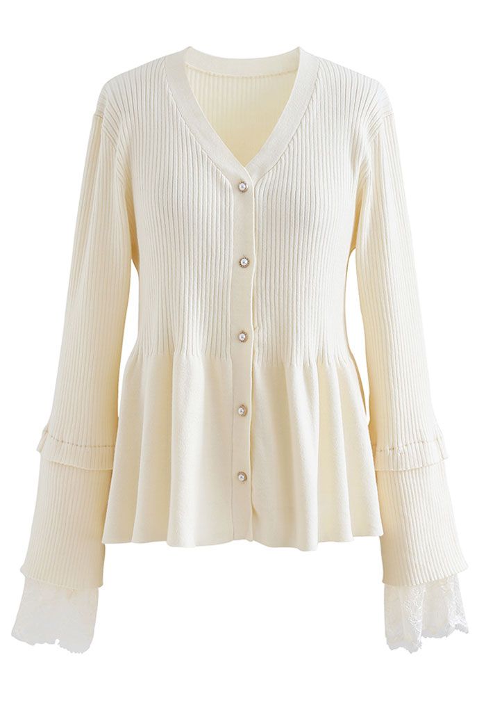 Lace Inserted Peplum Knit Top in Cream