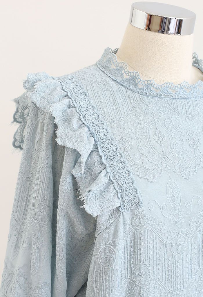 Embroidery Bubble Sleeve Ruffle Chiffon Top in Blue