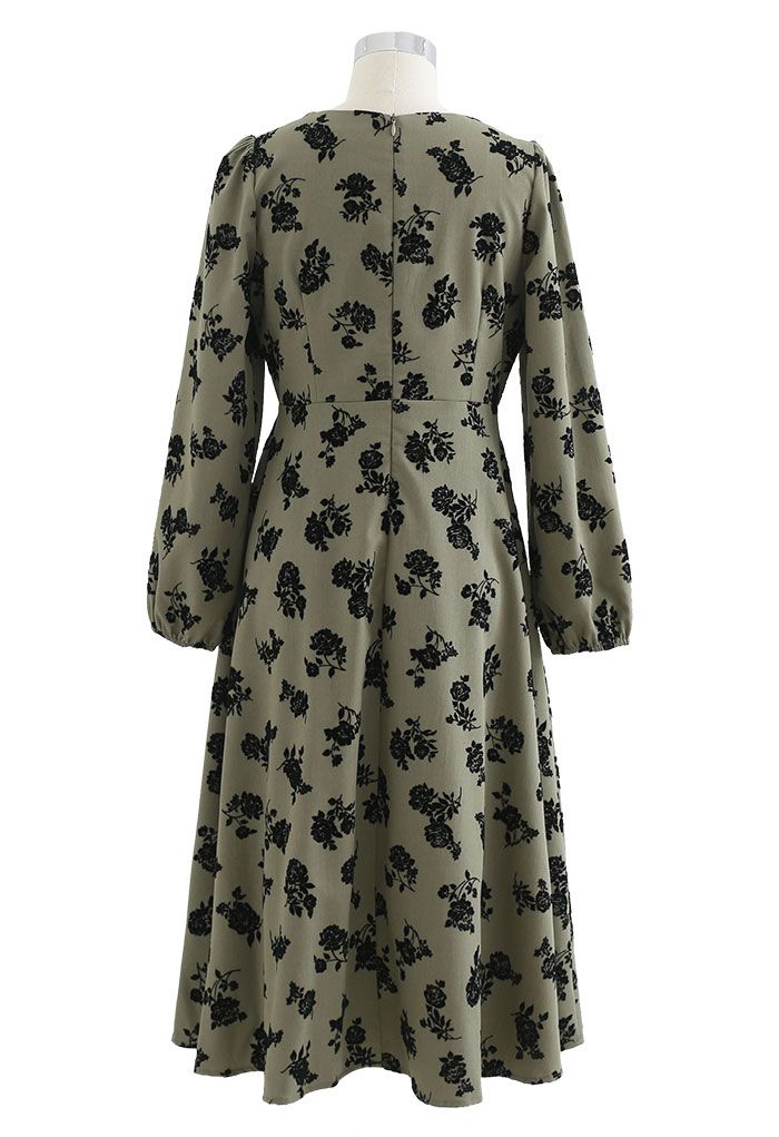 Posy Print Lacey Square Neck Midi Dress in Olive