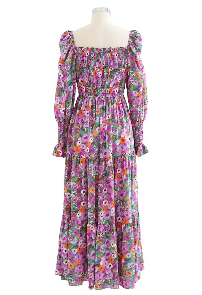 Watercolor Floral Shirred Frilling Midi Dress in Lilac