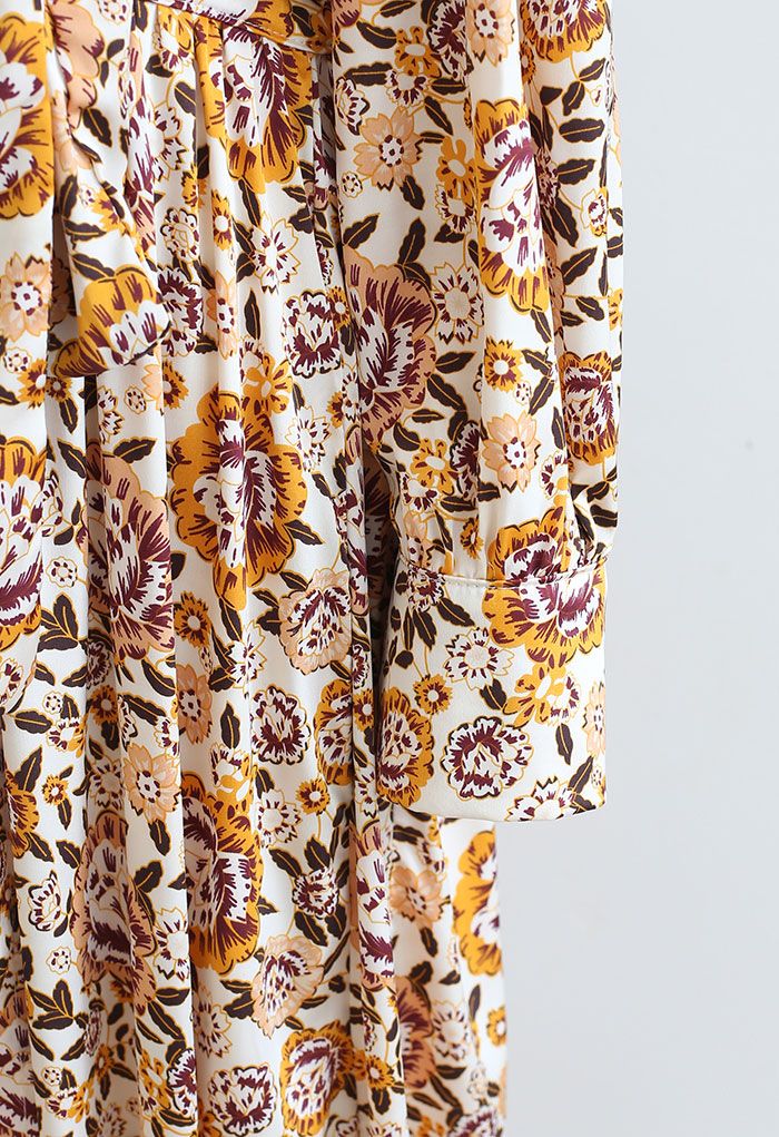 Floral Print Self-Tie Wrap Satin Midi Dress - Retro, Indie and Unique
