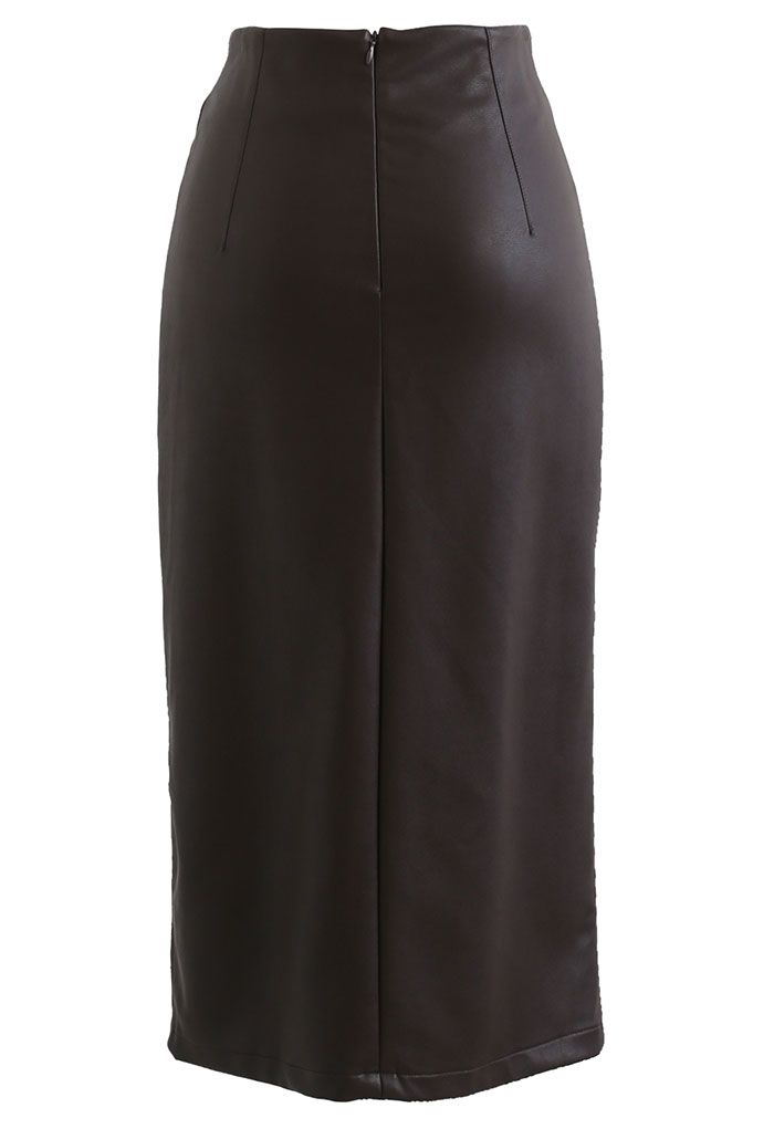 U-Shape Cutout Slit Faux Leather Midi Skirt in Brown