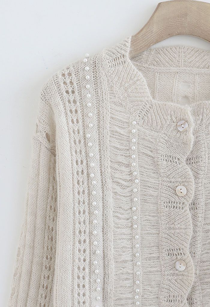 Pearly Hollow Out Knit Buttoned Top in Sand